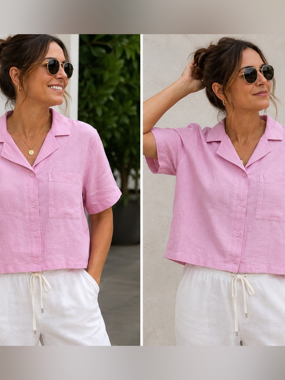 NWT Buffalo David Bitton 100% Linen Pink Cropped Button-Up Blouse Size Large